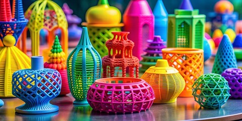 Fototapeta premium Colorful 3D Printed Objects Close-Up: Modern Additive Manufacturing Technology