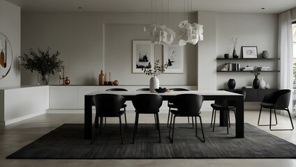  Modern dining room with dark table, black chairs, and minimalist decor under a contemporary chandelier