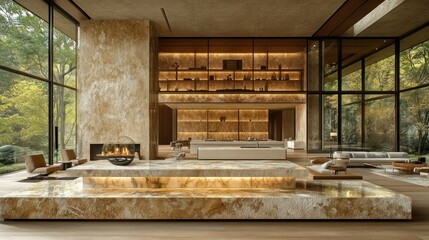 Modern stone fireplace,  large glass windows,  luxurious living room,  forest view
