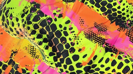 Abstract artistic pattern background of snake skin texture in neon pink, metallic silver and bright green colors with geometric scales