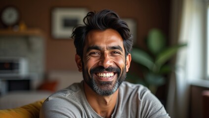 Obraz premium Portrait of indian man toothy smiling to camera sitting on sofa webcam view