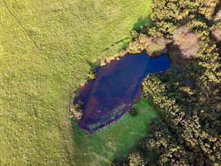 A stunning aerial view of a secluded pond nestled among lush greenery, with a striking contrast between water and land. The remnants of an old abandoned mine.