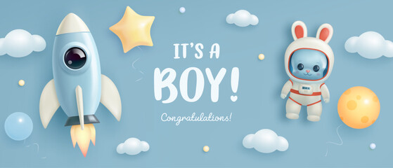 Baby shower banner, invitation, greeting card design template. Baby birth vector wallpaper with 3d rocket and astronaut rabbit. It's a boy. Welcome baby billboard. Arrival background