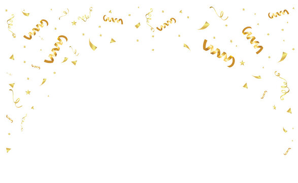 Celebration background party decoration frame template with confetti and gold ribbons. PNG design