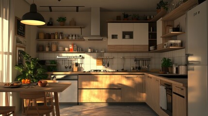 Obraz premium Cozy kitchen interior showcasing natural light and wooden accents