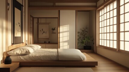 Obraz premium Calm japanese bedroom with shoji screens and tatami mats