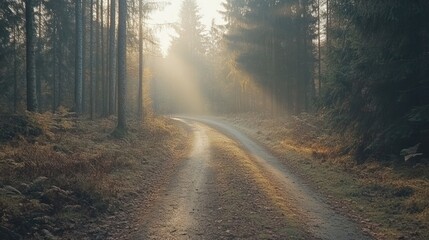Fototapeta premium Sun rays filtering through a dense forest path creating a serene atmosphere