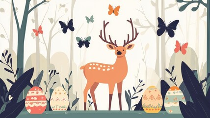 Naklejka premium A whimsical forest scene featuring a deer surrounded by colorful butterflies and decorated eggs, evoking a sense of spring and nature's beauty.