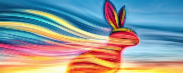 Fototapeta premium A vibrant, abstract image of a rabbit in motion, featuring colorful streaks against a soft, blended background, evoking a sense of energy and joy.