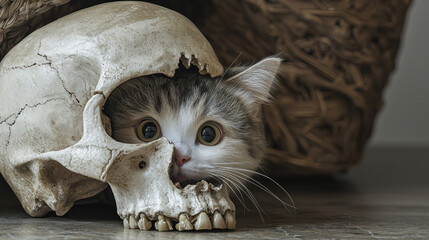 A curious kitten peeks from inside a skull prop, surrounded by woven baskets in a cozy setting