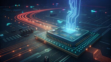 Futuristic microchip emitting glowing circuits in a digital circuitry background