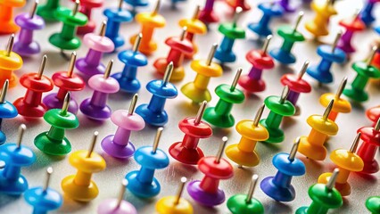 Colorful Pushpins Arranged on White Background - Aerial Drone View