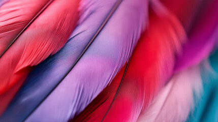 Fototapeta premium A close-up of vibrant, multicolored feathers with soft textures and intricate details, creating a delicate and artistic composition. 