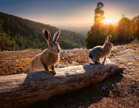 dos liebres de monte macho y hembra en el suelo, mirando el camino de un bosque frondoso en oto&ntilde;odos liebres de monte macho y hembra en el suelo, mirando el camino de un bosque frondoso en oto&ntilde;o