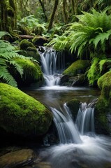 A serene forest scene featuring a gentle stream flowing over mossy rocks and lush ferns.
