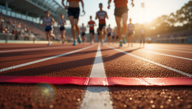 Close-up view of the finish tape as runners approach during a track event at sunset