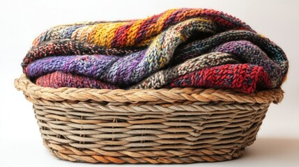 Obraz premium A cozy woven basket overflowing with vibrant knitted fabrics, displaying a mix of rich colors and soft textures.