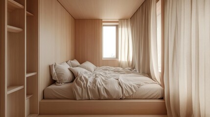 Fototapeta premium Modern minimalistic bedroom features a built in bed and window