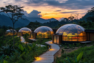 Fototapeta premium Modern Geodesic Domes at Dusk in Lush Forest 