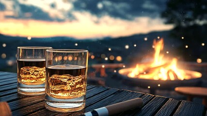 A lively outdoor barbecue, where whiskey glasses clink together under a starlit sky, firepit flames flickering in the background.