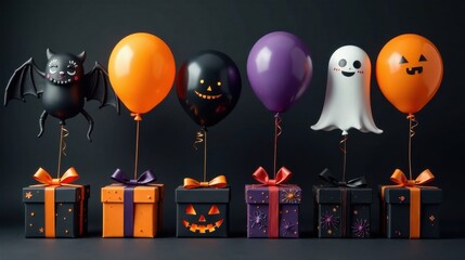 Spooky Celebration Festive Halloween Balloons and Presents Featuring Cute Ghost, Bat, and Jack-o'-lantern Designs