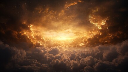 Obraz premium A dramatic sky filled with dark clouds illuminated by a glowing sunset, creating a stunning contrast and an ethereal atmosphere.