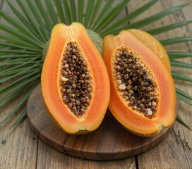 Fresh papaya fruit cut in half with seeds on wooden board and palm leaves