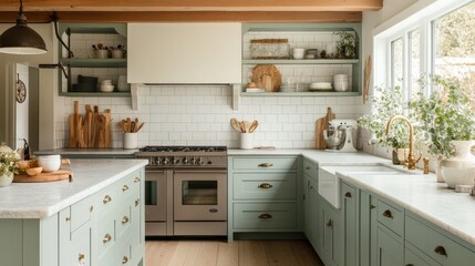 Fototapeta premium Beautiful modern farmhouse kitchen showcasing pastel cabinets and marble countertops