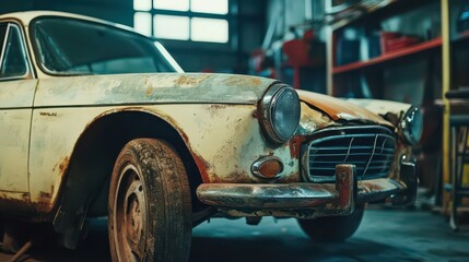 Vintage Rusty Car in Workshop