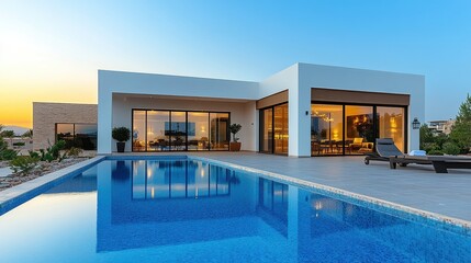 Modern villa with pool at sunset, Mediterranean style