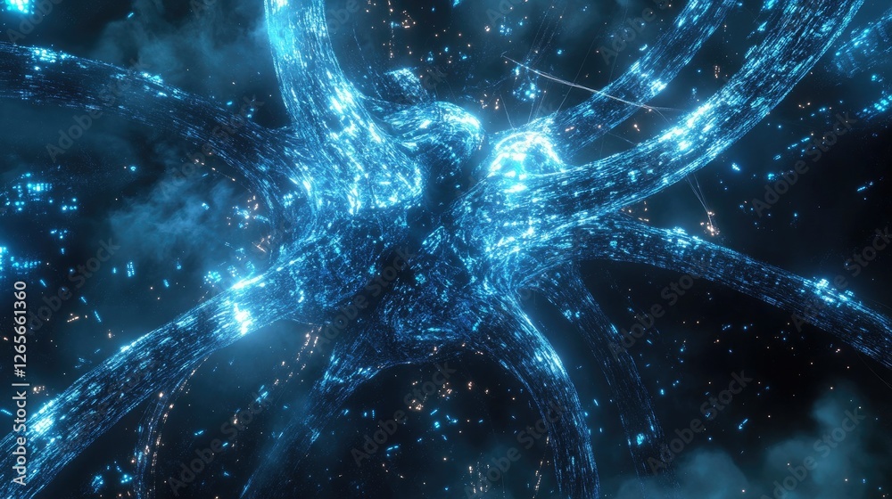 Poster a high-tech visualization of a network structure with dynamic connections and glowing blue elements.