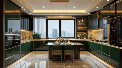 Modern kitchen features dark green cabinets and luxurious marble floors