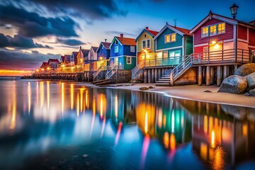 Obraz premium Costa Nova Beach Houses at Dusk - Low Light Photography