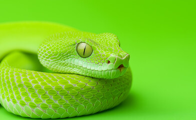 Fototapeta premium A coiled green pit viper resting with its smooth textured scales blending into the monochromatic green background. 