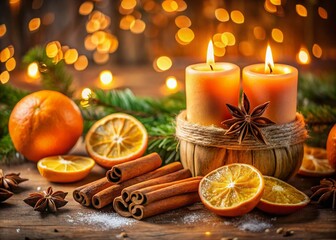Fototapeta premium Cozy Autumn Still Life: Cinnamon Sticks, Oranges & Candlelight