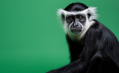 Obraz premium A black-and-white colobus monkey sitting on a green background, staring directly with an expressive face.