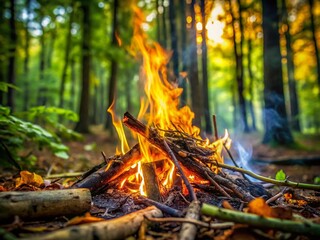 Cozy Campfire in Lush Forest: Flames, Smoke, and Dry Leaves