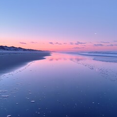 Fototapeta premium Tranquil Pastel Sunset Reflecting on Glassy Ocean Seascape with Serene Coastal Horizon