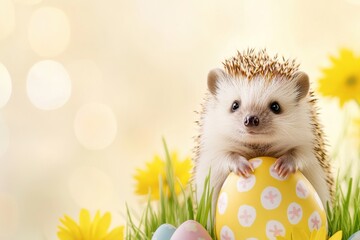 Small hedgehog peeking out of decorative Easter egg shell surrounded by soft flowers and green grass, illuminated by warm golden lighting