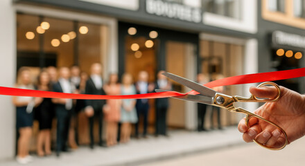 Celebratory ribbon cutting at a new boutique with guests gathered outside
