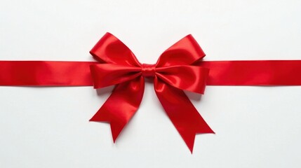 A vibrant red satin ribbon tied in a perfect bow, elegantly presented on a pristine white background, signifying celebration and gifting