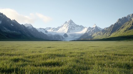 Fototapeta premium Majestic snow-capped mountains viewed from a grassy valley at sunrise