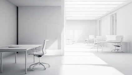 "Empty Modern Office with White Desks and Chairs - Sleek and Minimalist Workspace"