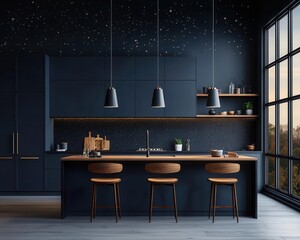 Elegant celestialthemed twostory kitchen with soft starry lighting, deep blue hues, and cosmicinspired decor