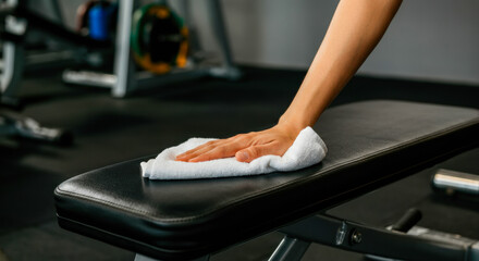 Individual wipes down exercise bench in gym to ensure cleanliness and hygiene after workout session