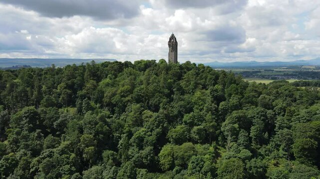 Aerial views of the National Wallace Monument Stirling, Scotland.