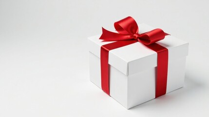 A pristine white gift box adorned with a vibrant red ribbon, a symbol of celebration and thoughtful gifting