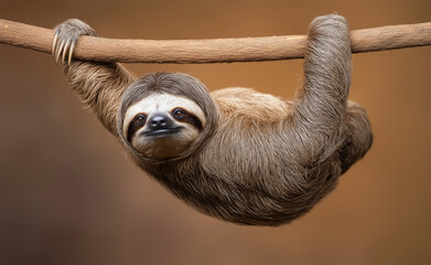Fototapeta premium A close-up of a smiling sloth hanging upside down with soft brown fur and an endearing expression. 