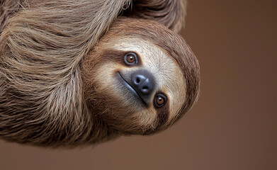 Naklejka premium A close-up of a smiling sloth hanging upside down with soft brown fur and an endearing expression. 