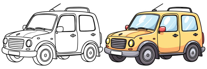 SUV Car Line Art Vector Outline Illustration Black and White with Coloring Sample